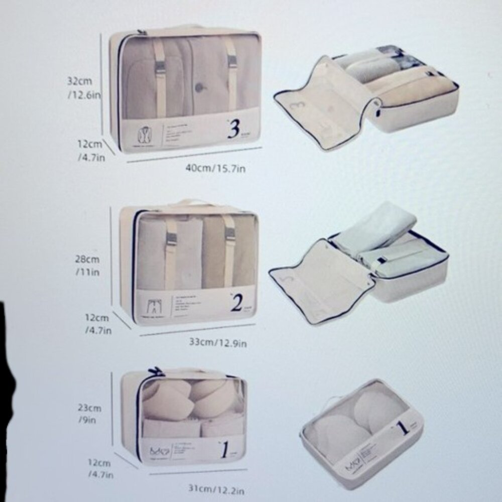 7pcs Portable Travel Storage Bag Set, Luggage, Clothing Organizer- Cream and Tan